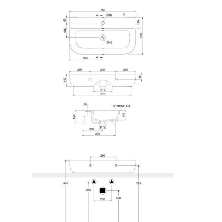 Раковина Scarabeo Glam 75 см океан, 181260