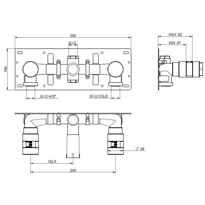 Treemme встраиваемая часть смесителя на 3 отверстия для раковины, RWIT3A60ZZ02