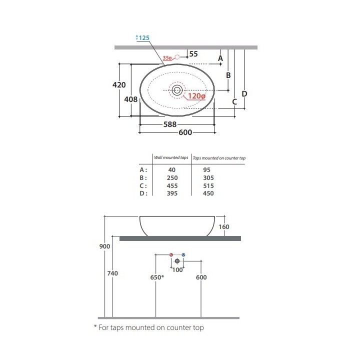 Раковина Globo Vanity Basins 60x42 см белая, TFO60BI