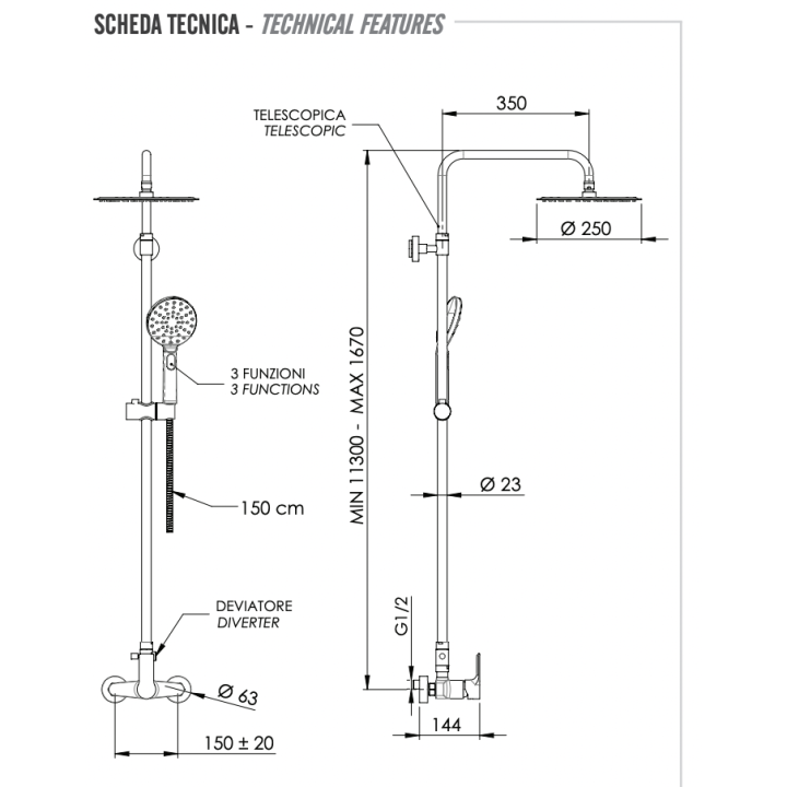 Душевая система Remer Rubinetterie Energy, EY37A8MPUFM25G