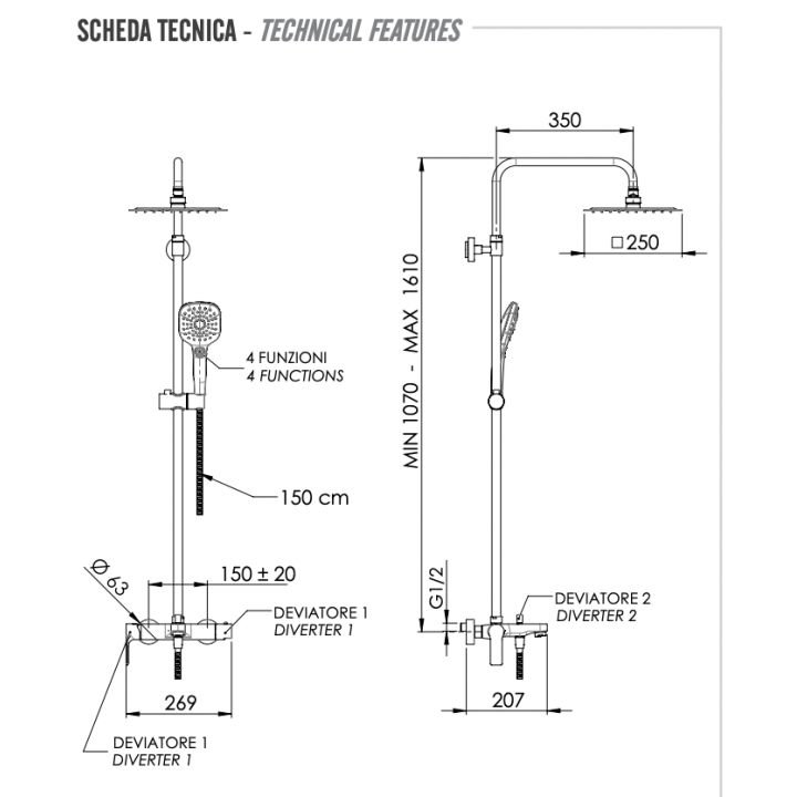 Душевая система Remer Rubinetterie Energy, EY34A8CPUFD25G