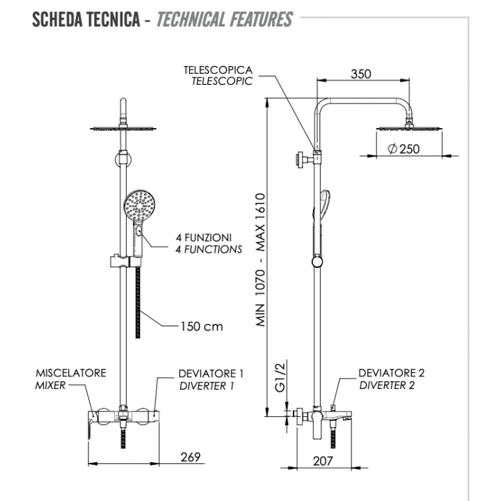 Душевая система Energy Remer Rubinetterie, EY34A8MPUFM25G