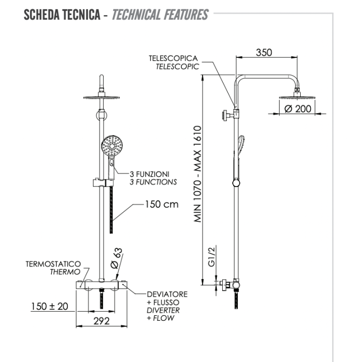 Душевая система Remer Rubinetterie хром, EQ32A8MPMD20