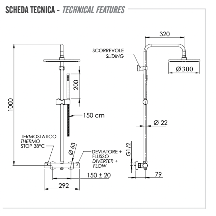 Душевая система Remer Rubinetterie Elegance, EQ32X7MMM30CFP