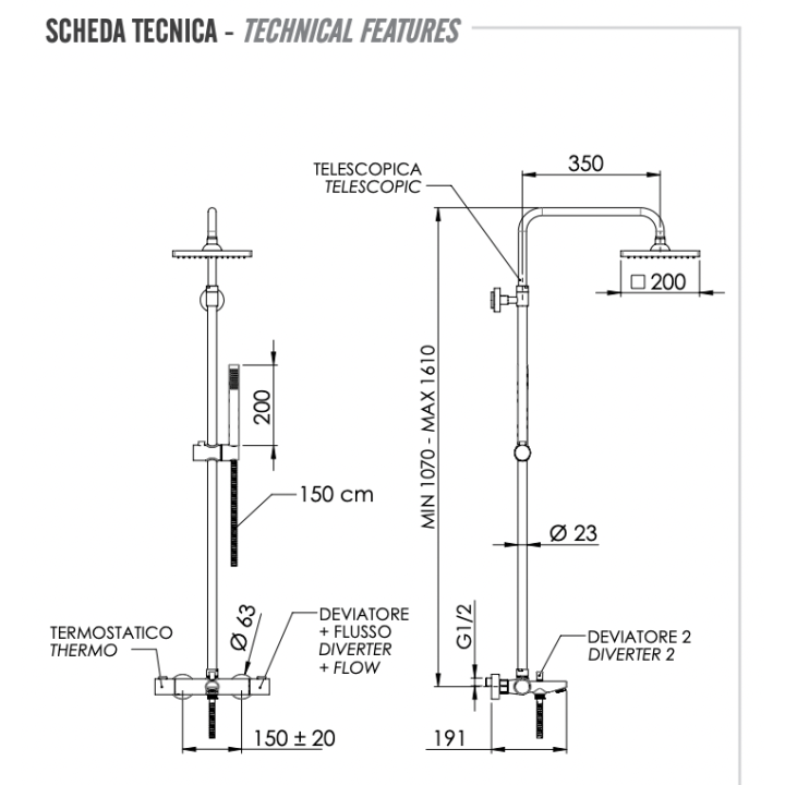 Душевая система Remer Rubinetterie Elegance, EQ34A7SDSD20