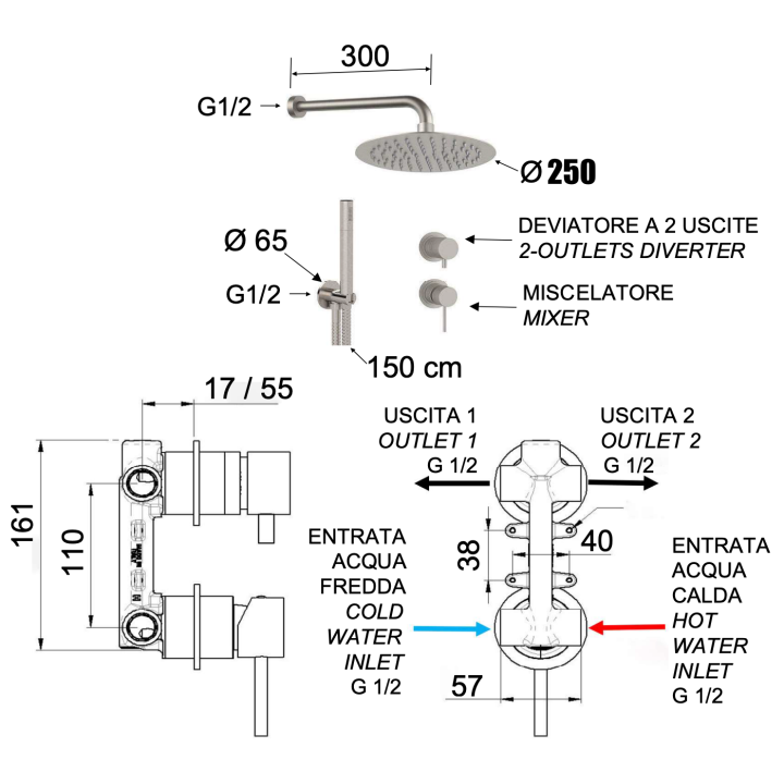 Душевая система Remer Rubinetterie INOX, SSX92PS02UFM25