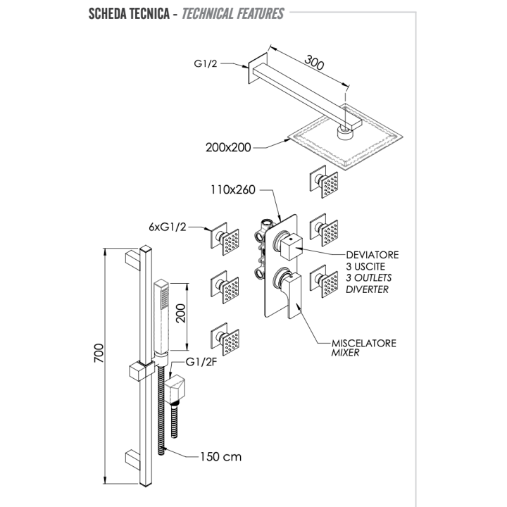 Душевая система Remer Rubinetterie хром, AU93S01UFS20