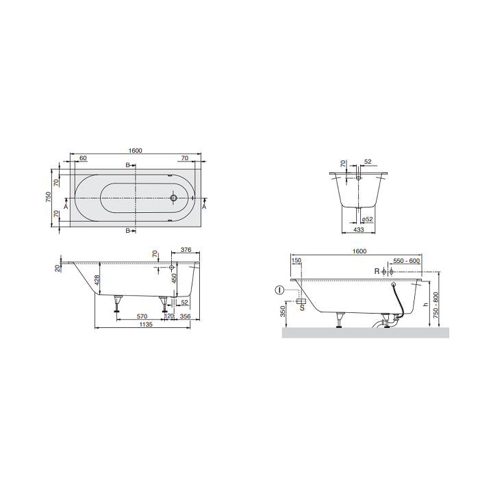 Ванна UBQ160OBE2V-01 Villeroy&Boch 160x75 см