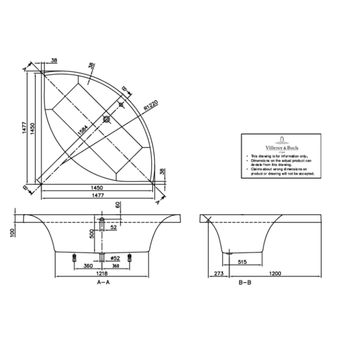 Villeroy&Boch UBQ145SQR3V-01 ванна 145x145 см