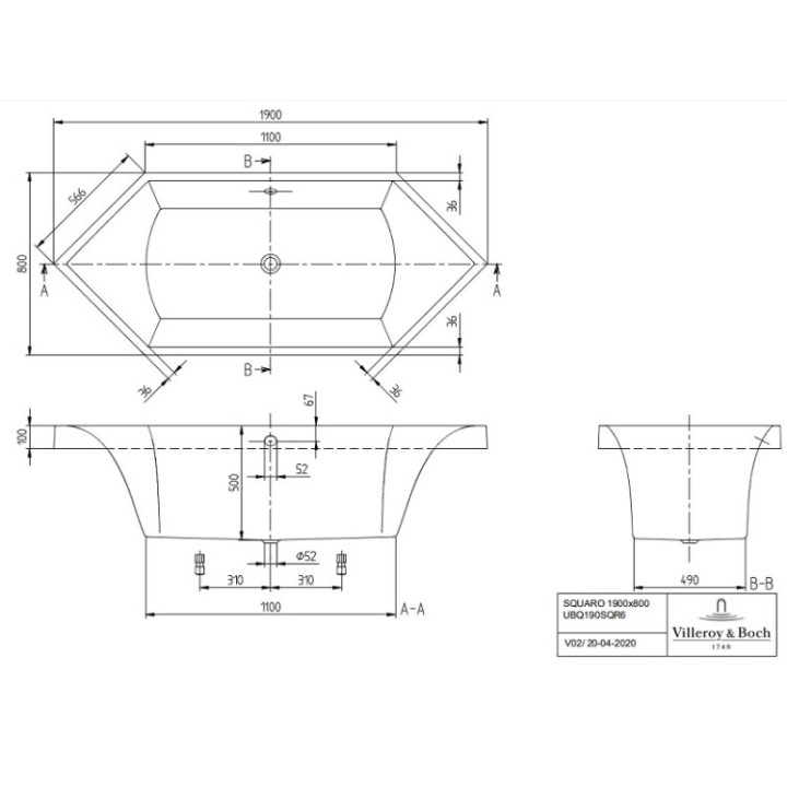 Ванна UBQ190SQR6V-01 Villeroy&Boch Squaro 190x80