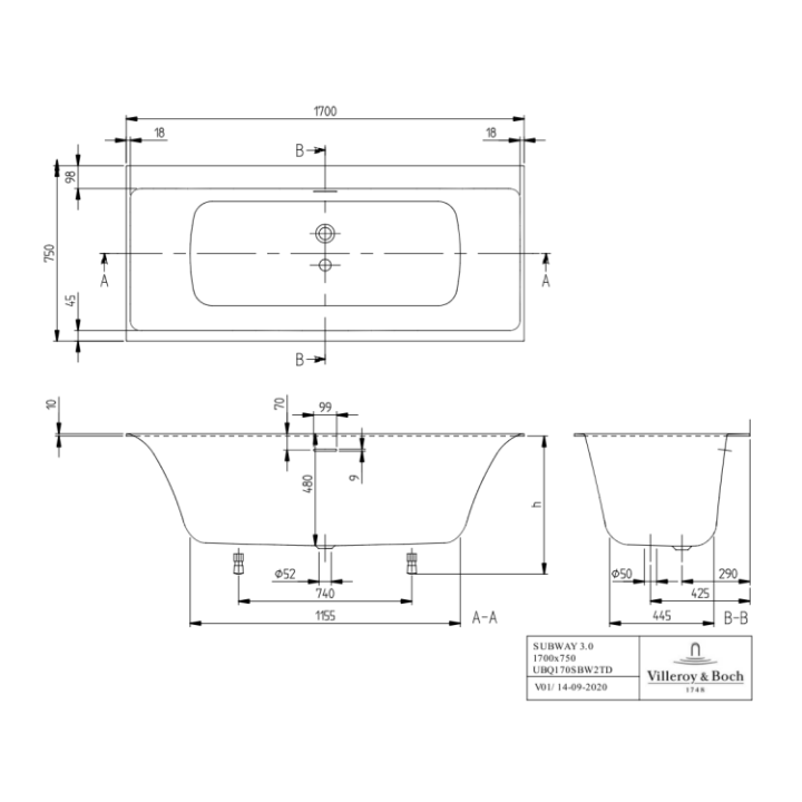 Villeroy&Boch UBQ170SBW2TDV-01 ванна 170x75 см