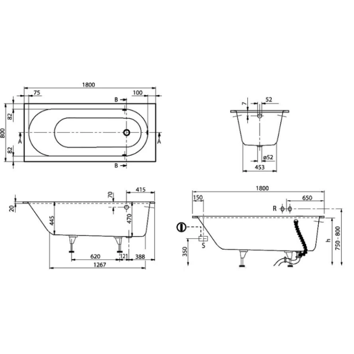 Villeroy&Boch UBQ180OBE2V-01+PC01 ванна 180x80