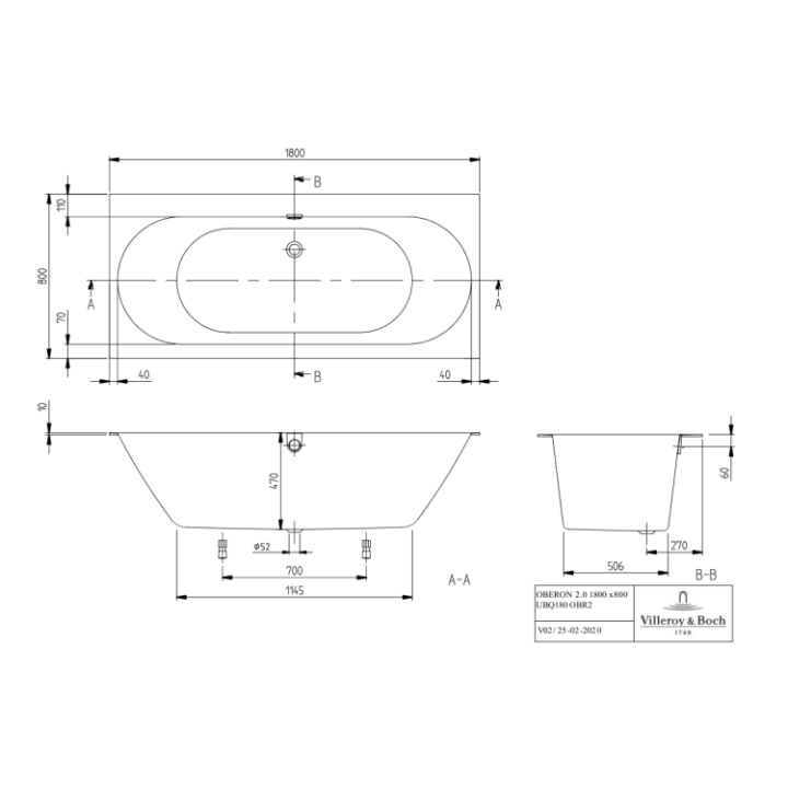 Villeroy&Boch UBQ180OBR2DV-01+PC01 ванна 180x80