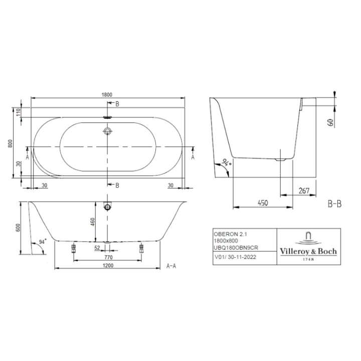 Villeroy&Boch UBQ180OBN9CR00VD-01 ванна 180x80