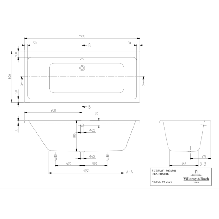 Ванна 180x80 Villeroy&Boch UBA180SUB2V-01