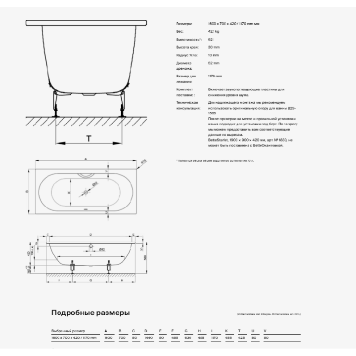 Bette 1220-000 AS ванна 160x70 см встраиваемая