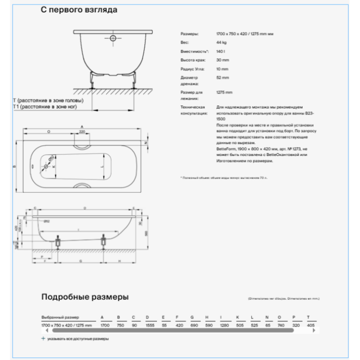 Bette 2949-000 PLUS AD ванна 175x75 встраиваемая