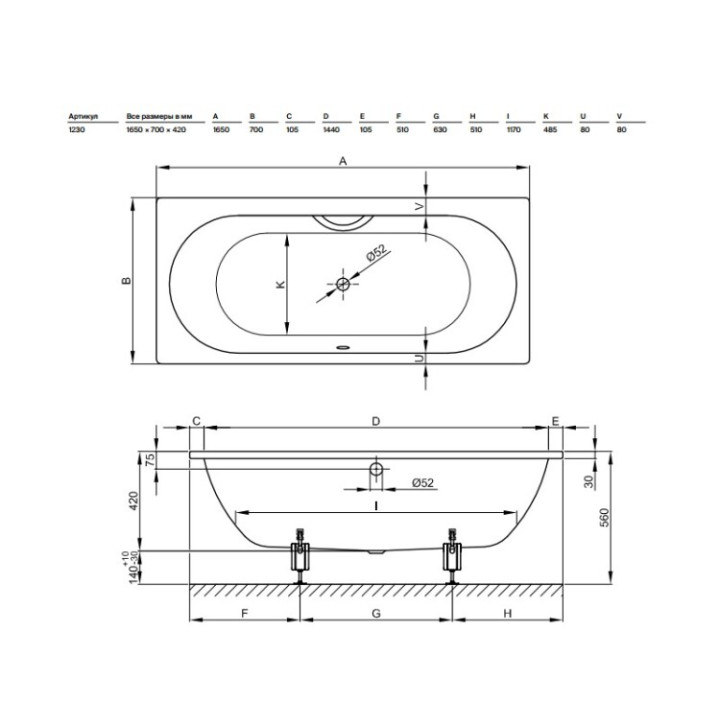 Bette 1230-000 PLUS ванна 165x70 встраиваемая