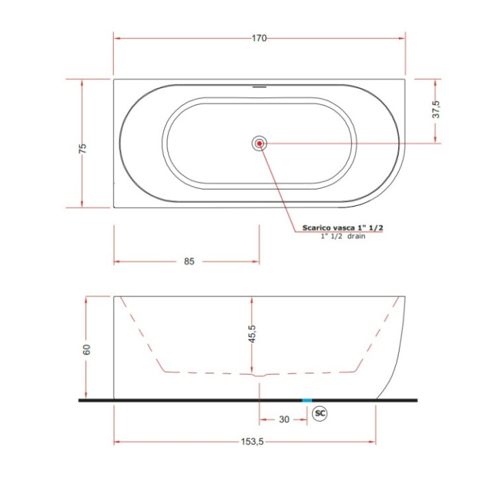 Treesse V057BL00DX ванна 170x75 см Quaryl