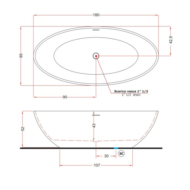 Treesse V308BO ванна 180x85 Bianco Opaco