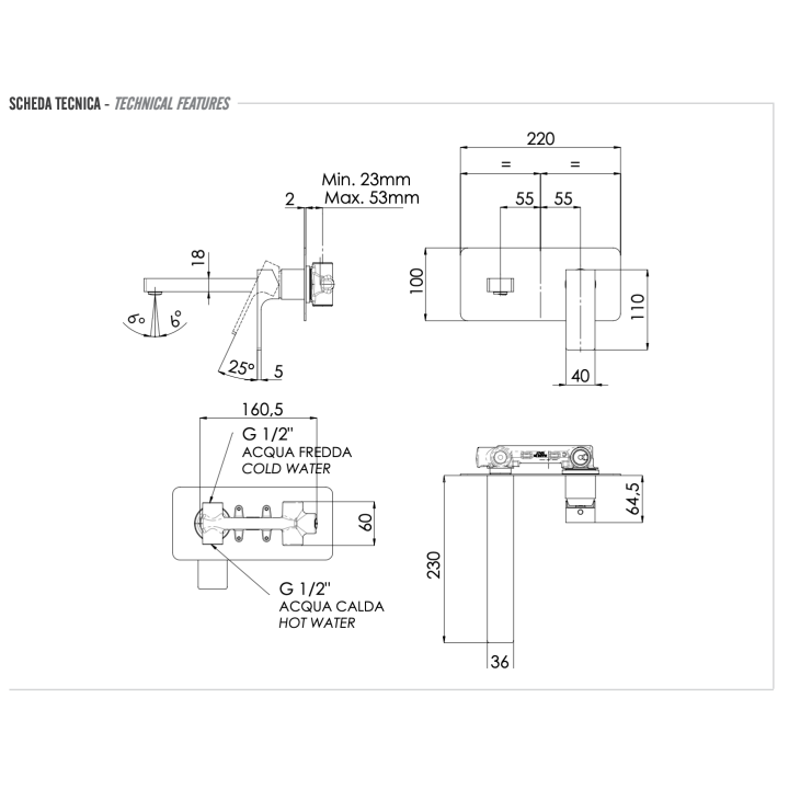 Смеситель Remer AU15L скрытый 23 см, раковина